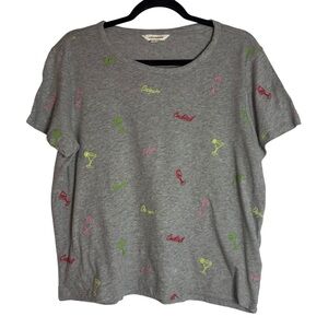 NWT Lucky Brand Gray Tee with Multi Color Cocktail Embroidery Size Large